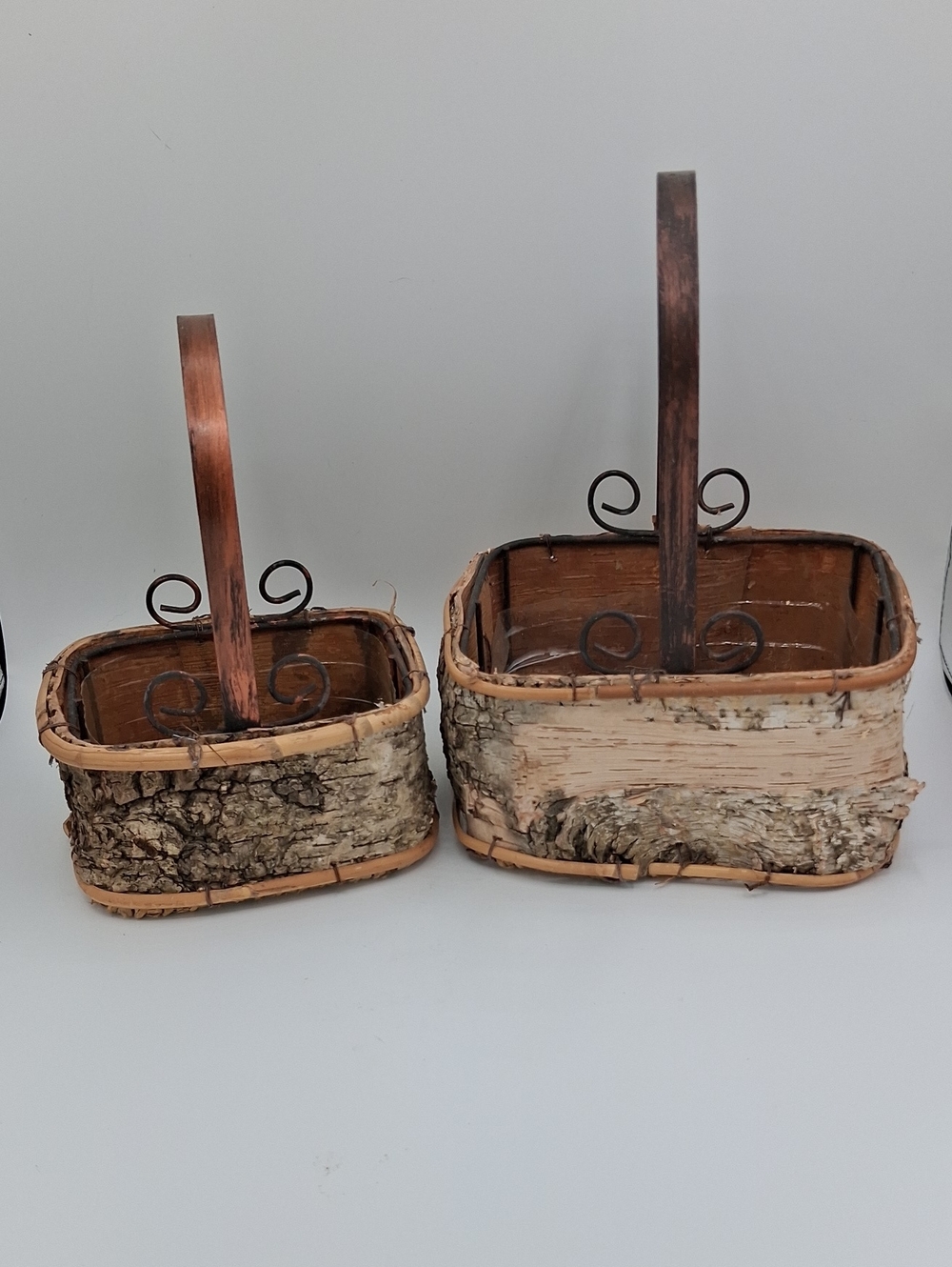 Rustic Birch Bark Baskets with Curled Metal Handle